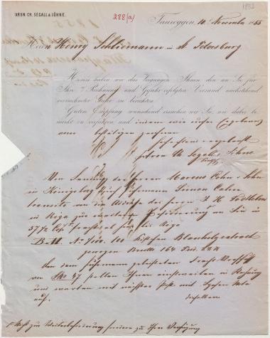 Letter sent by Segall, A. C. & Sons to Schliemann, Heinrich, 1855