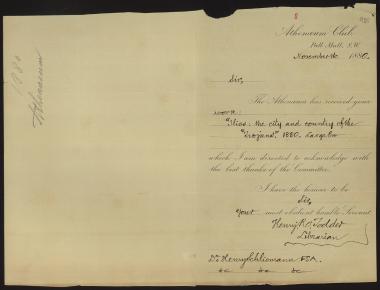 Letter sent by Athenaeum Club to Schliemann, Heinrich, 1880