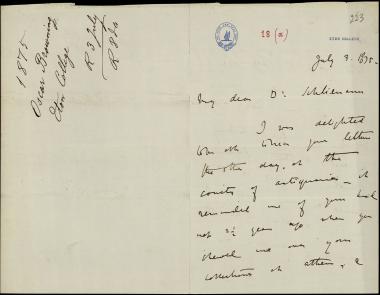 Letter sent by Browning, Oscar to Schliemann, Heinrich, 1875