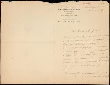 Letter sent by Hamy, Émile T. to Schliemann, Heinrich, 1889