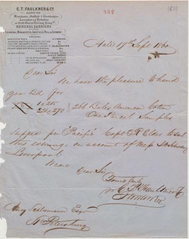 Letter sent by Faulkner, C. F. & Co. to Schliemann, Heinrich, 1860