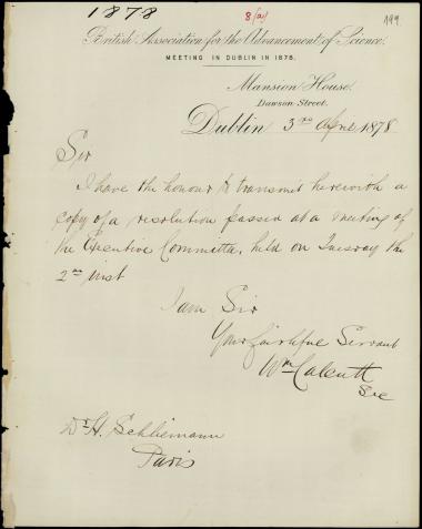 Letter sent by Callent, Wm. to Schliemann, Heinrich, 1878
