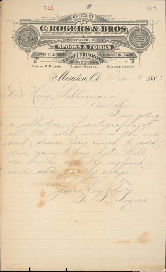 Letter sent by Rogers, G. F. to Schliemann, Heinrich, 1883