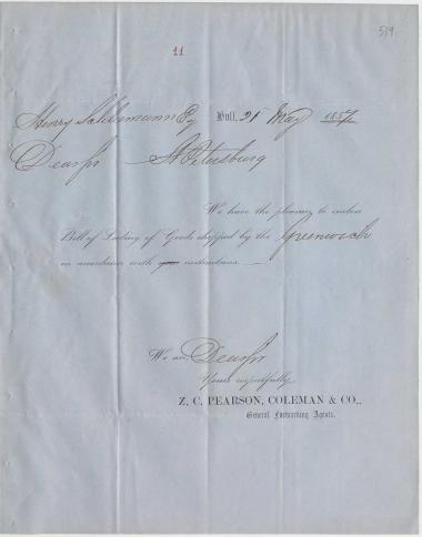 Letter sent by Pearson, Coleman & Co. to Schliemann, Heinrich, 1857