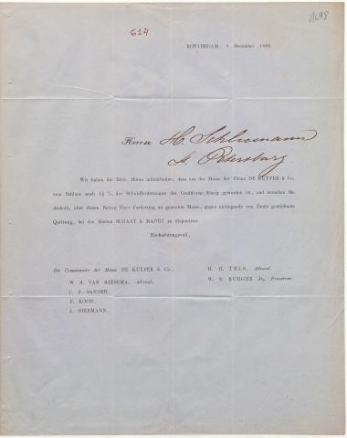 Letter sent by De Kuyper & Müller to Schliemann, Heinrich, 1862