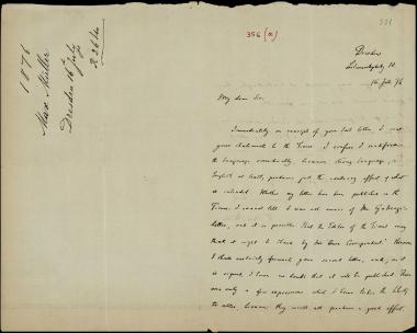 Letter sent by Müller, Max F. to Schliemann, Heinrich, 1876