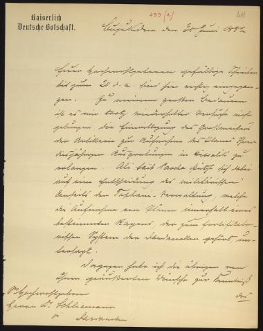 Letter sent by Hirschfeld, L. to Schliemann, Heinrich, 1882