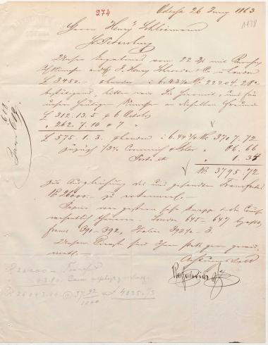 Letter sent by Raffalovich & Co. to Schliemann, Heinrich, 1863