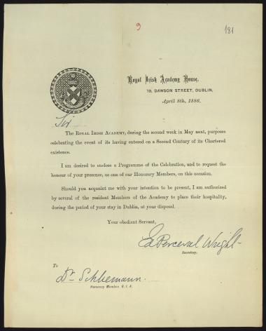 Letter sent by Royal Irish Academy to Schliemann, Heinrich, 1886