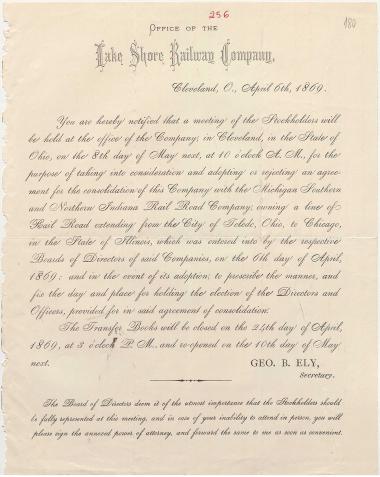 Letter sent by Lake Shore Railway Co. to Schliemann, Heinrich, 1869