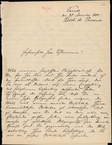 Letter sent by Saxe-Meiningen, Bernhard to Schliemann, Heinrich, 1884