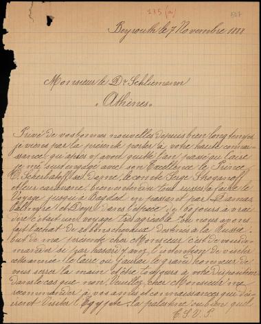 Letter sent by Chantiri, Kalil to Schliemann, Heinrich, 1888