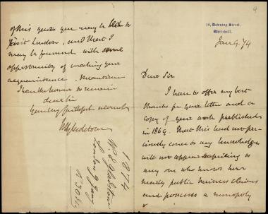 Letter sent by Gladstone, William Ewart  to Schliemann, Heinrich, 1874