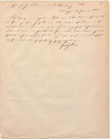 Letter sent by Kniep, John G. to Schliemann, Heinrich, 1855