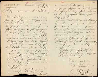 Letter sent by Rust, Wilhelm to Schliemann, Heinrich, 1889