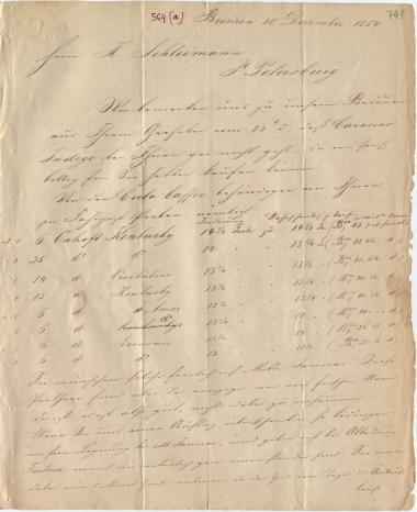 Letter sent by Merle, E. & Co. to Schliemann, Heinrich, 1854