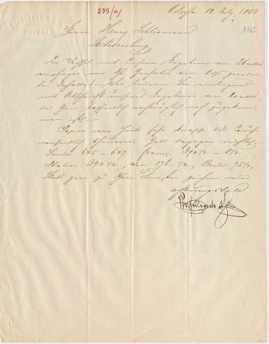 Letter sent by Raffalovich & Co. to Schliemann, Heinrich, 1863
