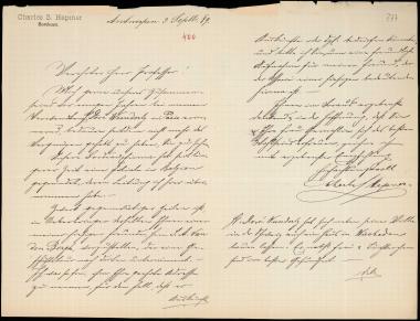 Letter sent by Hepner, Charles S. to Schliemann, Heinrich, 1889