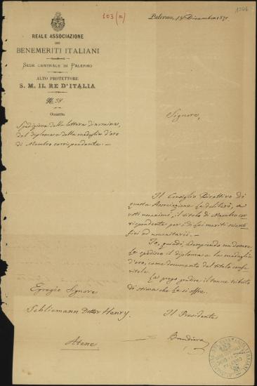 Letter sent by Associazione dei Benemeriti Italiani to Schliemann, Heinrich, 1879