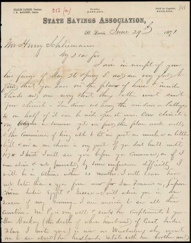 Letter sent by Parsons, Charles to Schliemann, Heinrich, 1871