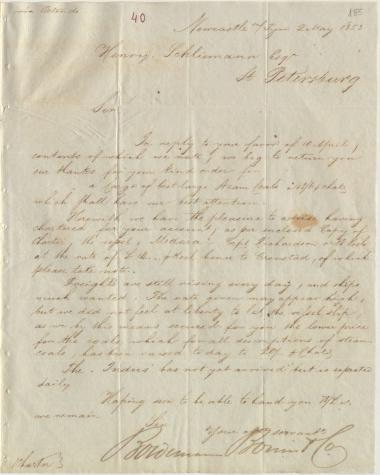 Letter sent by Boldemann, Borries & Co. to Schliemann, Heinrich, 1853