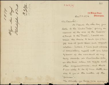 Letter sent by MacVeagh, Wayne to Schliemann, Heinrich, 1876