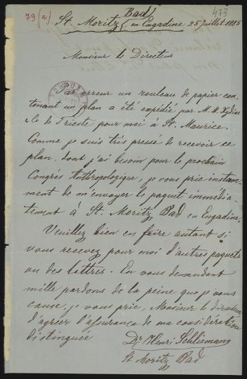 Letter sent by Poste, St. Maurice to Schliemann, Heinrich, 1885