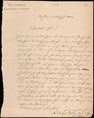 Letter sent by Versammlung Deutscher Philologen und Schulmänner to Schliemann, Heinrich, 1884