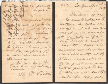 Letter sent by Βρετός-Παπαδόπουλος, Μαρίνος to Schliemann, Heinrich, 1869