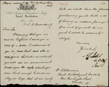 Letter sent by Rollit, A. K. to Schliemann, Heinrich, 1877