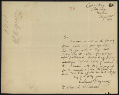 Letter sent by Ridgeway, William to Schliemann, Heinrich, 1881