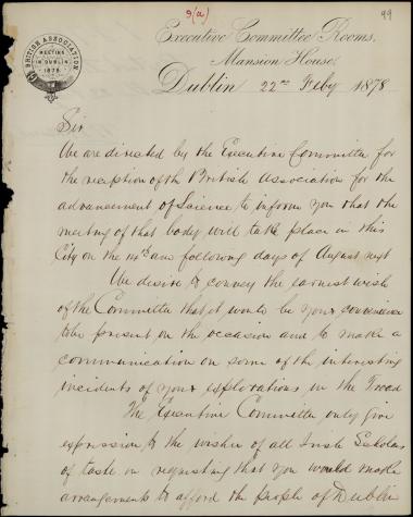 Letter sent by British Association to Schliemann, Heinrich, 1878