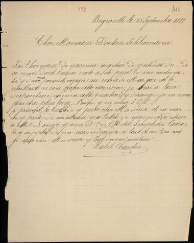 Letter sent by Chantiri, Kalil to Schliemann, Heinrich, 1889