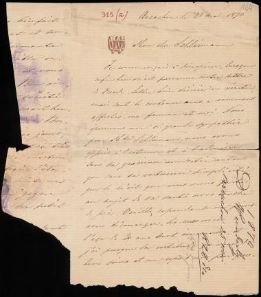 Letter sent by Wunderly, J. Dore to Schliemann, Heinrich, 1870