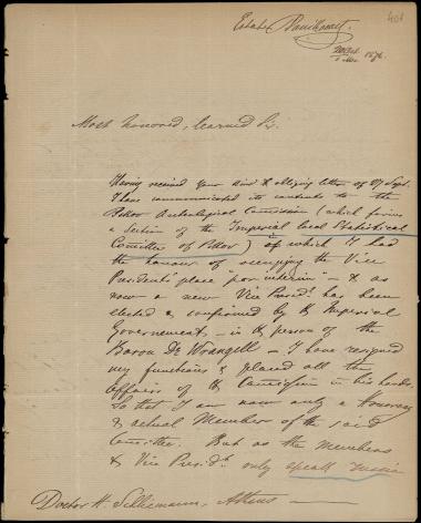 Letter sent by Bogouschevsky, Nicolas de to Schliemann, Heinrich, 1874