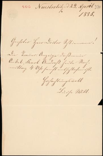 Letter sent by Will, Luise to Schliemann, Heinrich, 1885