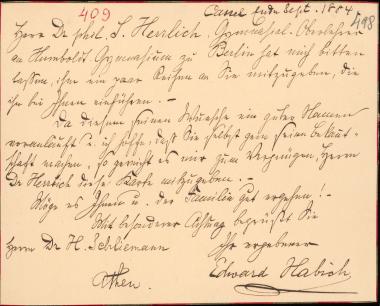 Letter sent by Habich, Edward to Schliemann, Heinrich, 1884