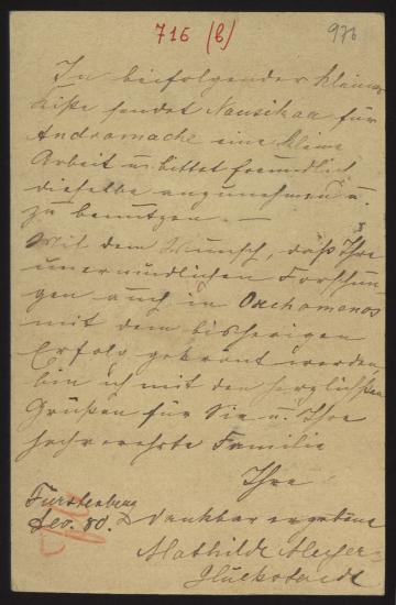 Letter sent by Meyer-Hückstaedt, Mathilde to Schliemann, Heinrich, 1880