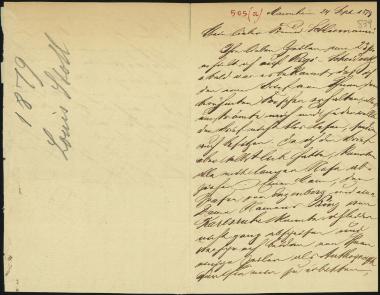 Letter sent by Stoll, Louis to Schliemann, Heinrich, 1879