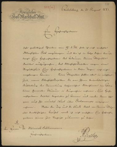 Letter sent by Königliches Hof Marschall Amt to Schliemann, Heinrich, 1881