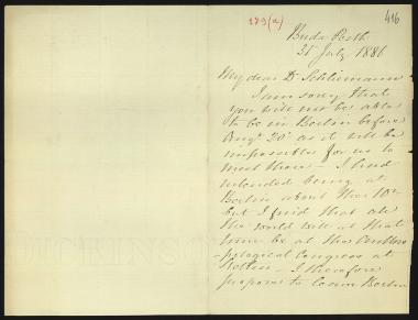 Letter sent by Goems, John to Schliemann, Heinrich, 1886