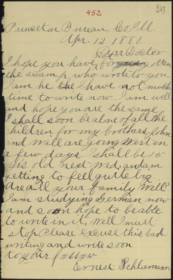 Letter sent by Schliemann, Ernest to Schliemann, Heinrich, 1880