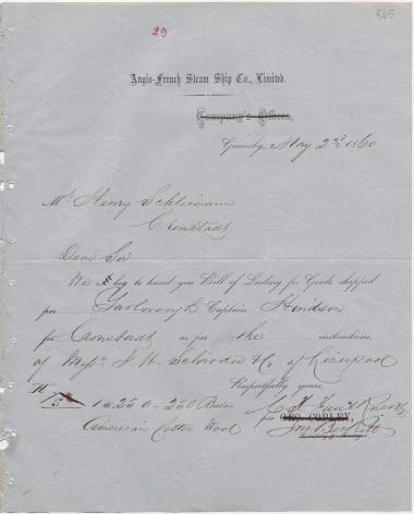 Letter sent by Anglo-French Steam Ship Co., Ltd. to Schliemann, Heinrich, 1860