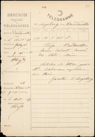 Letter sent by Gazette d'Augsburg to Calvert, James C. 1872