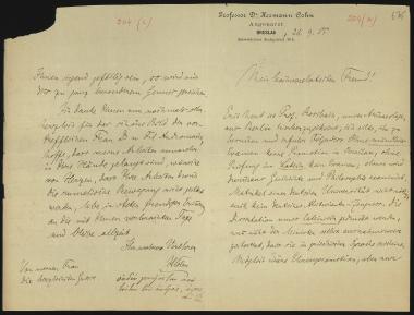 Letter sent by Cohn, Hermann to Schliemann, Heinrich, 1885