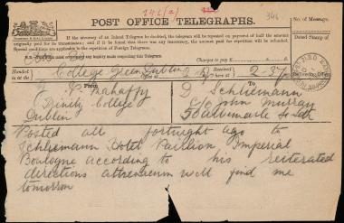 Letter sent by Mahaffy, John Pentland to Schliemann, Heinrich, 1885