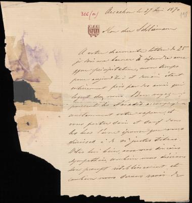 Letter sent by [Wunderly, Dore] to Schliemann, Heinrich, 1870
