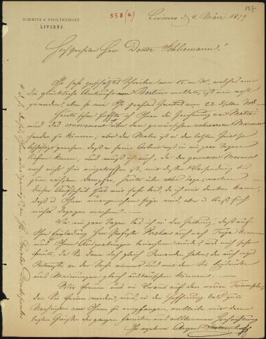 Letter sent by Stoltenhoff, August to Schliemann, Heinrich, 1879