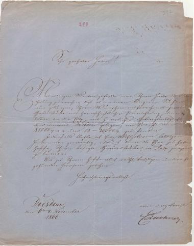 Letter sent by Luckner, E. to Schliemann, Heinrich, 1866