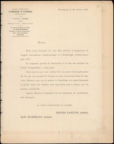 Letter sent by Congrès International d'Anthropologie et d'Archéologie Préhistoriques to Schliemann, Heinrich, 1873